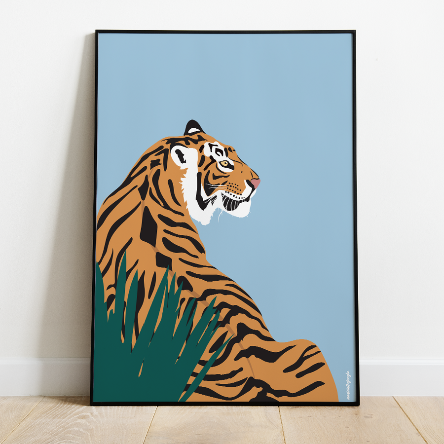 Affiche tigre dessin bleu pâle