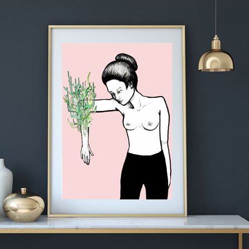Affiche A3 rose femme plante calembour concept store